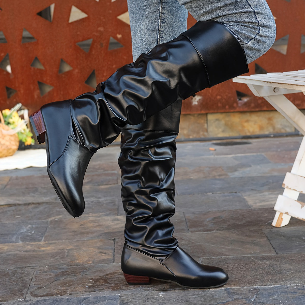 Knee High Boots Women Slouch Block Heel