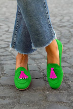 Antonia Green Loafers with Fuchsia Fringe