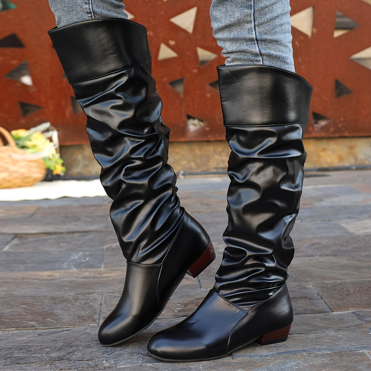 Knee High Boots Women Slouch Block Heel