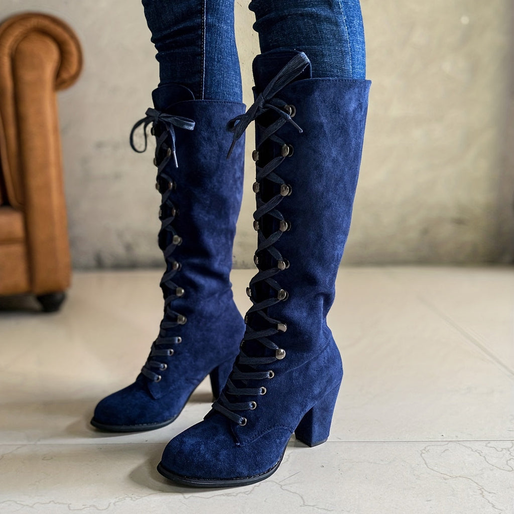 Tall Boots Women Lace Up Chunky Heel