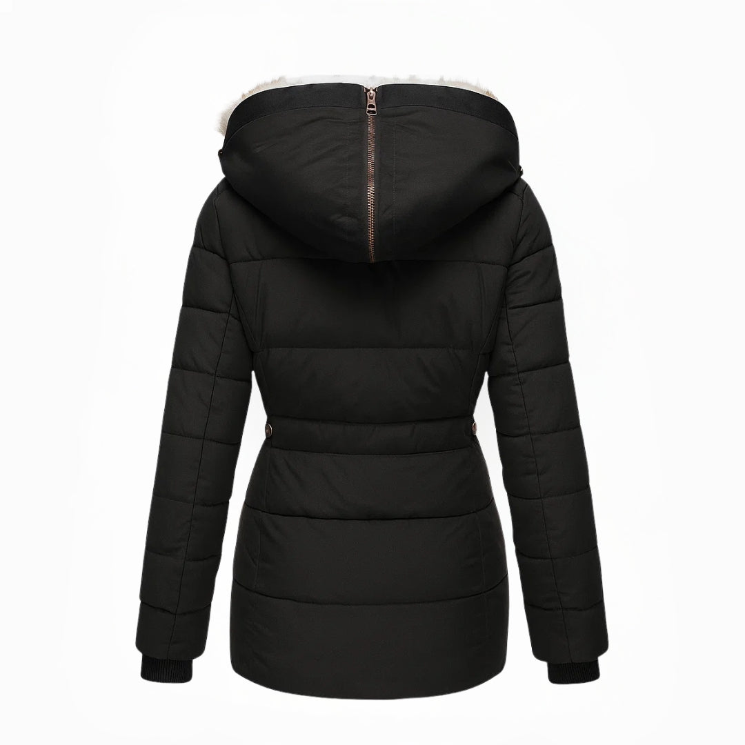 Women's Black Winter Coat, Warm Fur-Lined