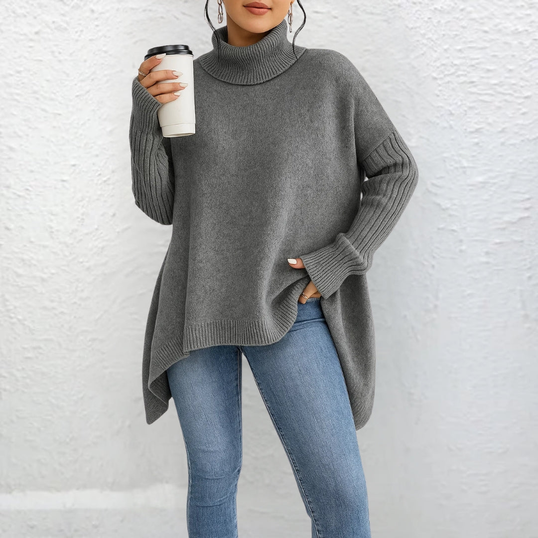 Women's Beige Turtleneck Sweater, Relaxed Fit