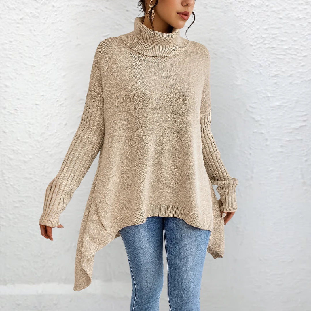 Women's Beige Turtleneck Sweater, Relaxed Fit