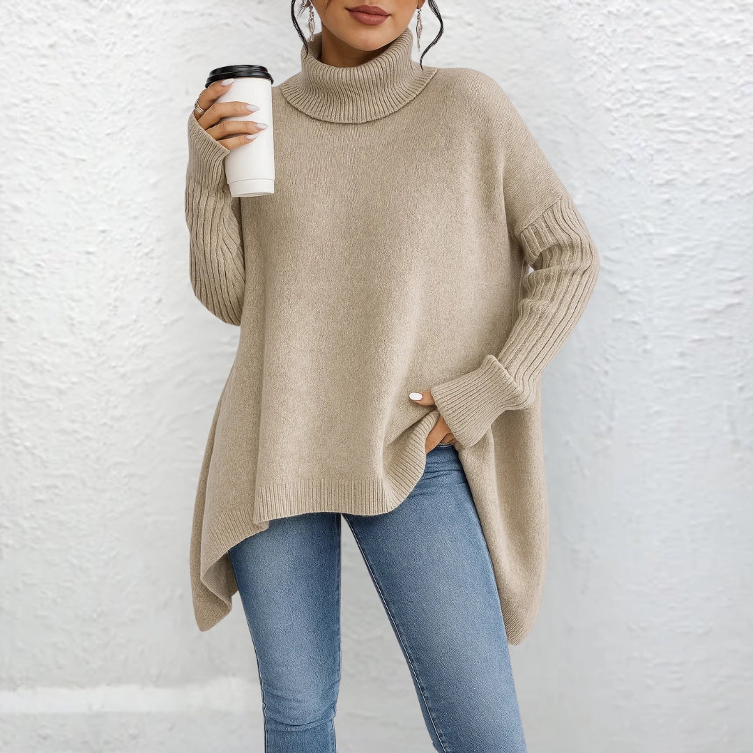 Women's Beige Turtleneck Sweater, Relaxed Fit