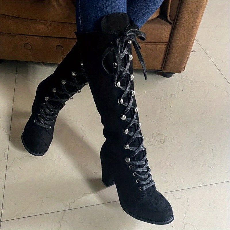 Tall Boots Women Lace Up Chunky Heel