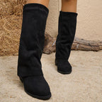 Slouch Boots Women, Mid-Calf Suede Fold-Over with Low Heel