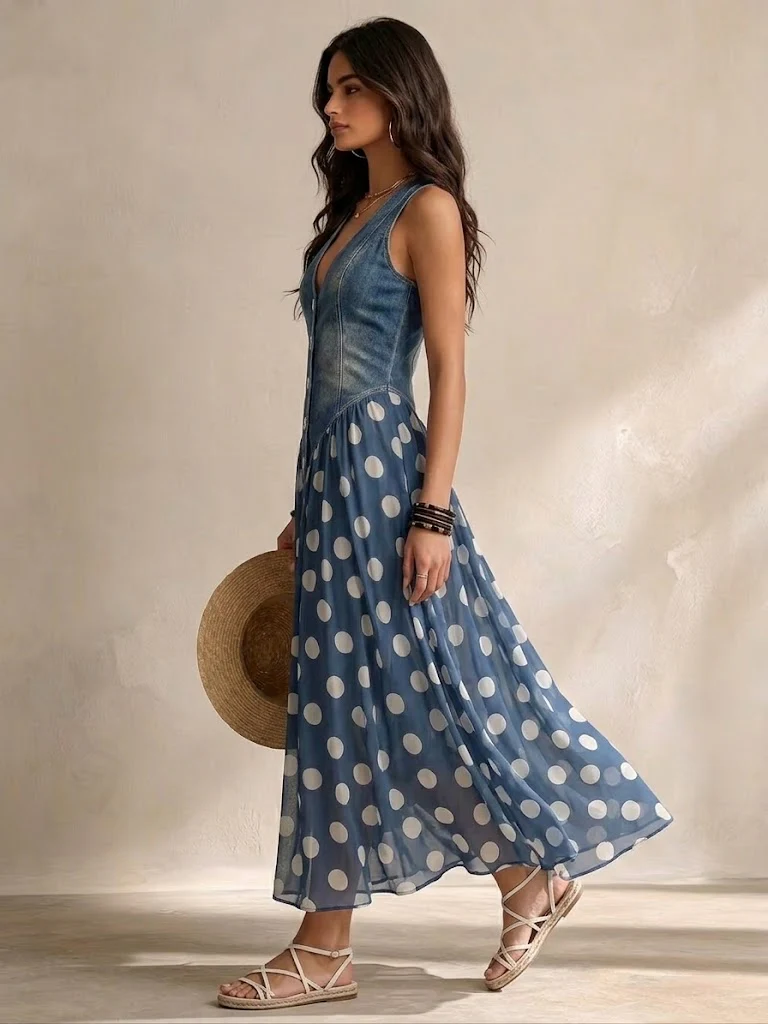 Adeline | Long Denim Dress with Polka Dots