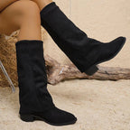 Slouch Boots Women, Mid-Calf Suede Fold-Over with Low Heel