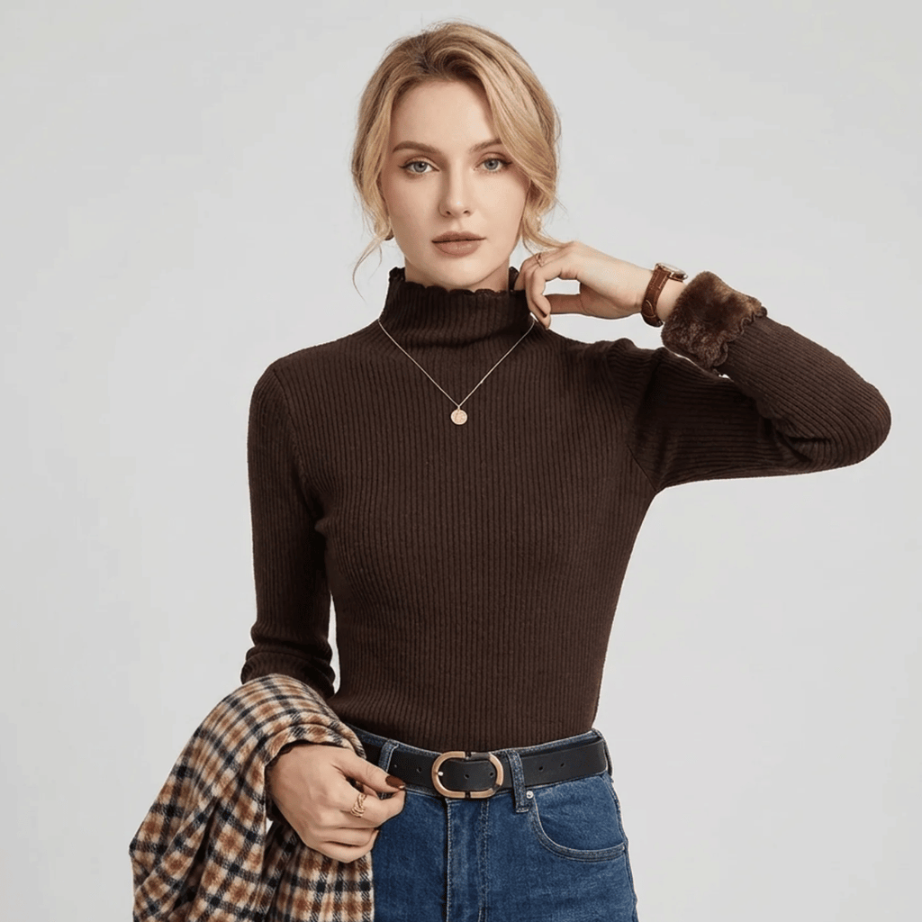 Women's Ribbed Turtleneck Sweater, Warm and Lined