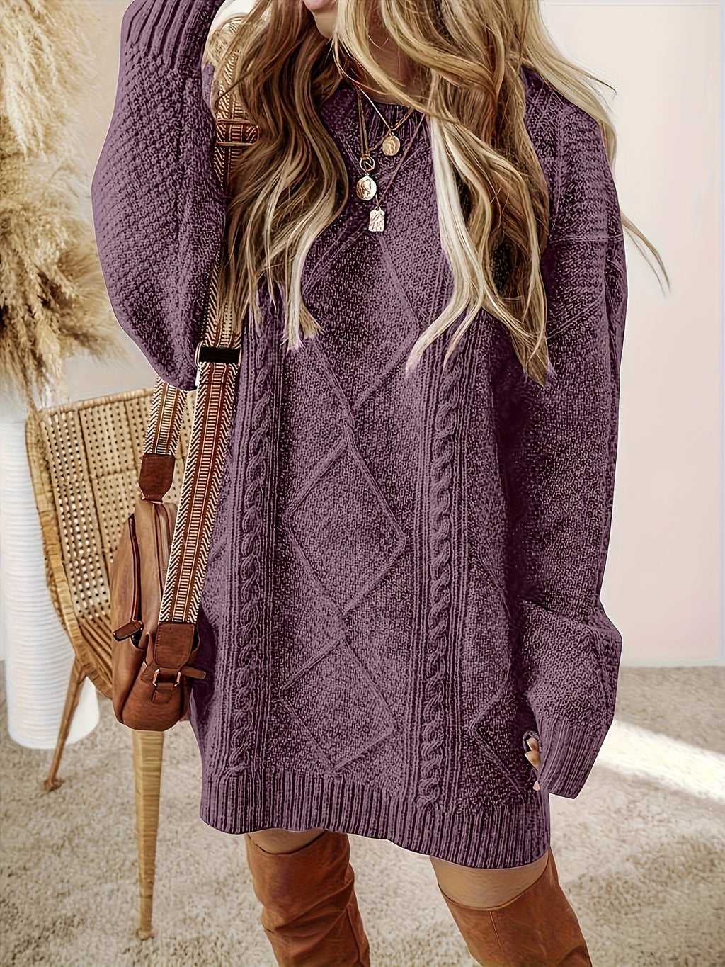 Midi Sweater Dress Women Cable Knit Long Sleeve