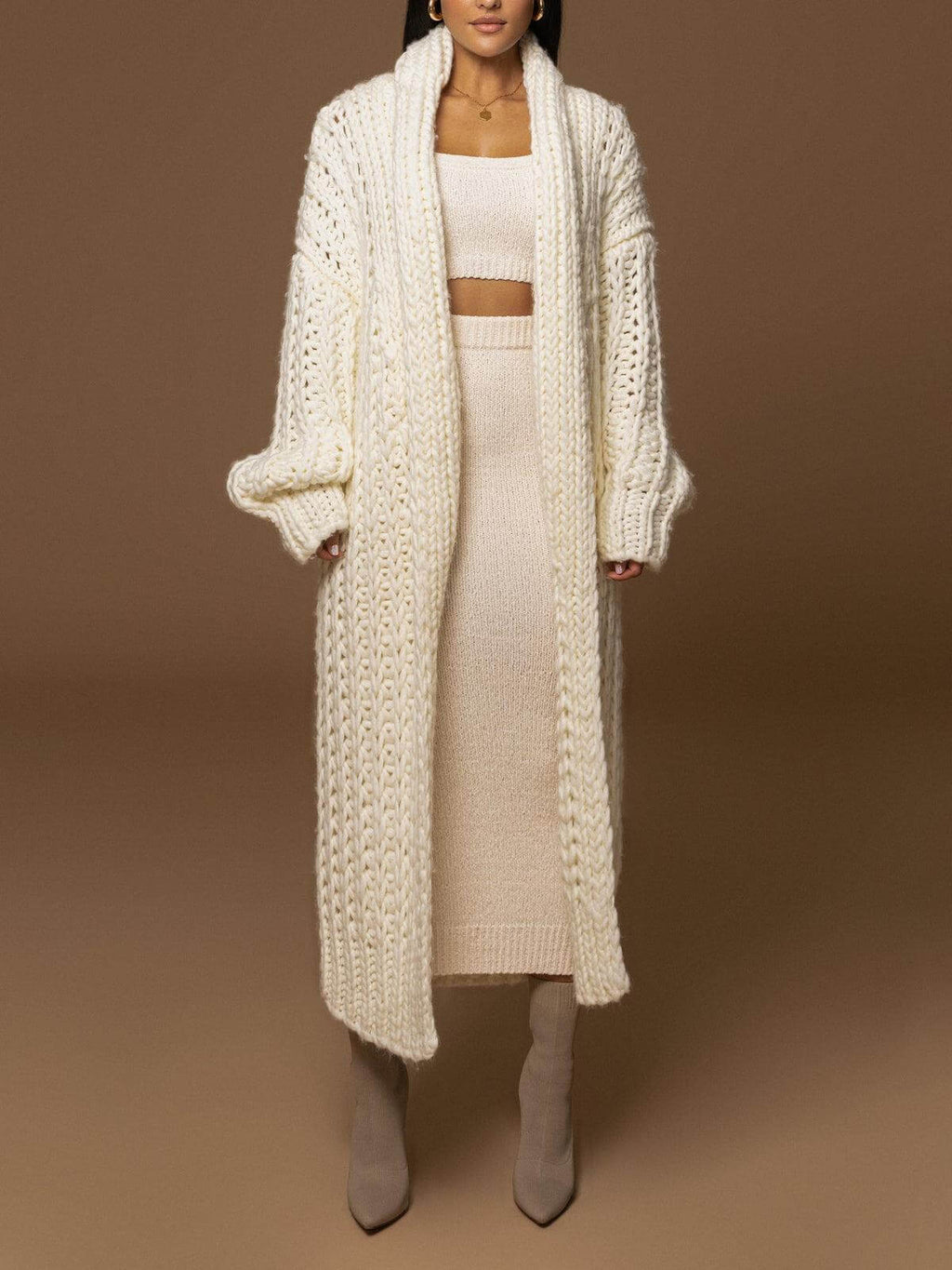 Women's Cream Knit Coat, Soft and Long