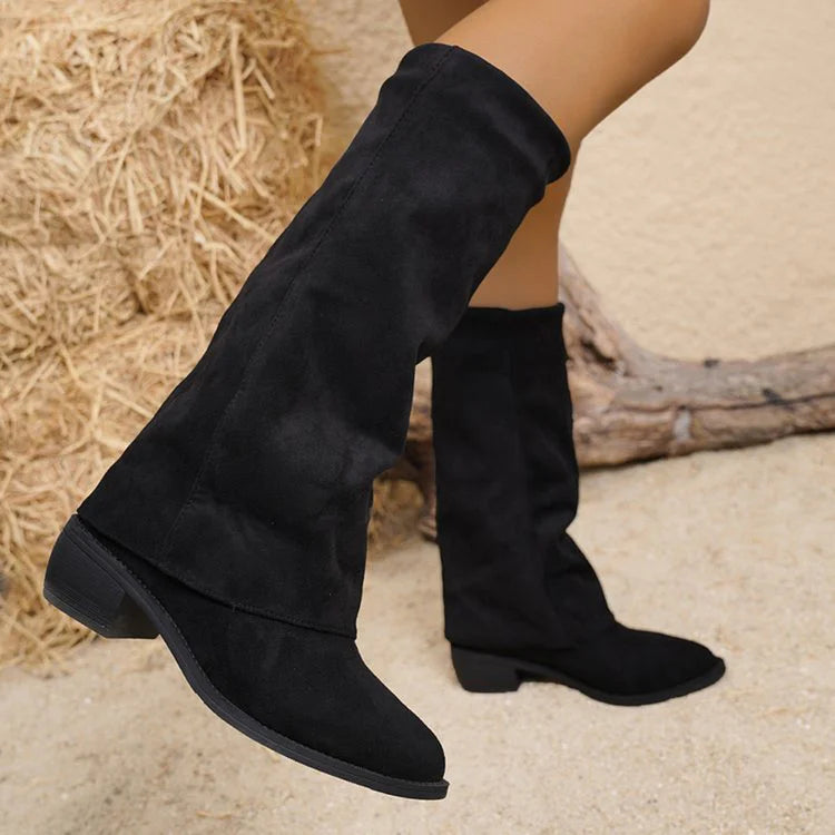 Slouch Boots Women, Mid-Calf Suede Fold-Over with Low Heel
