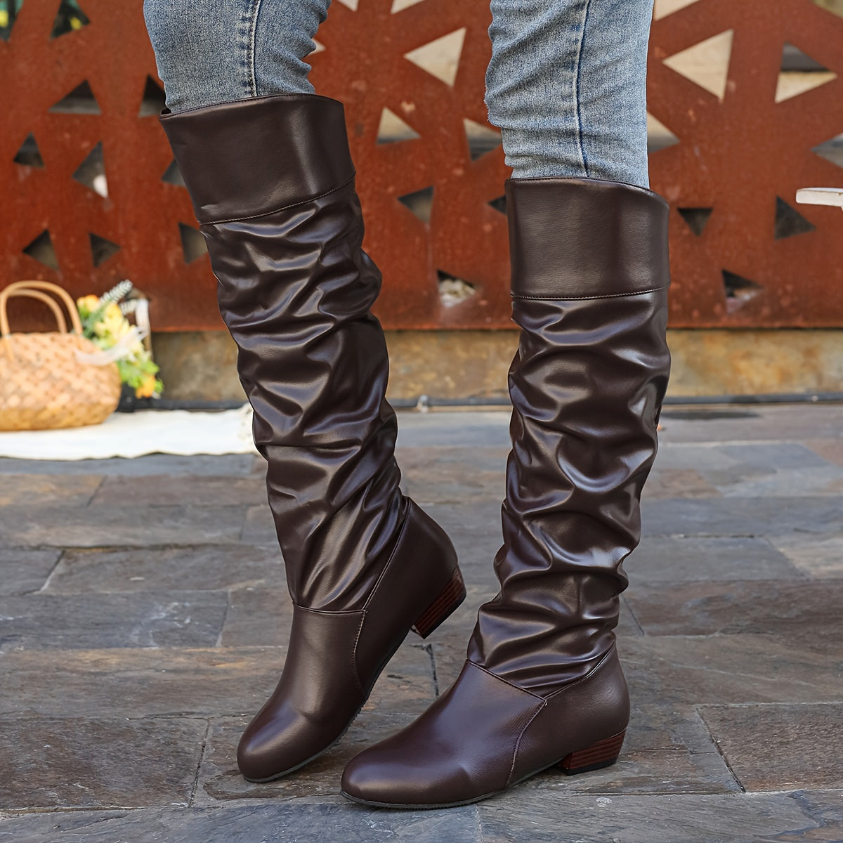 Knee High Boots Women Slouch Block Heel
