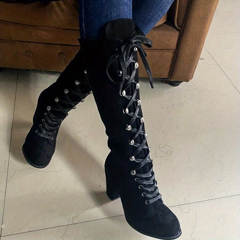 Tall Boots Women Lace Up Chunky Heel