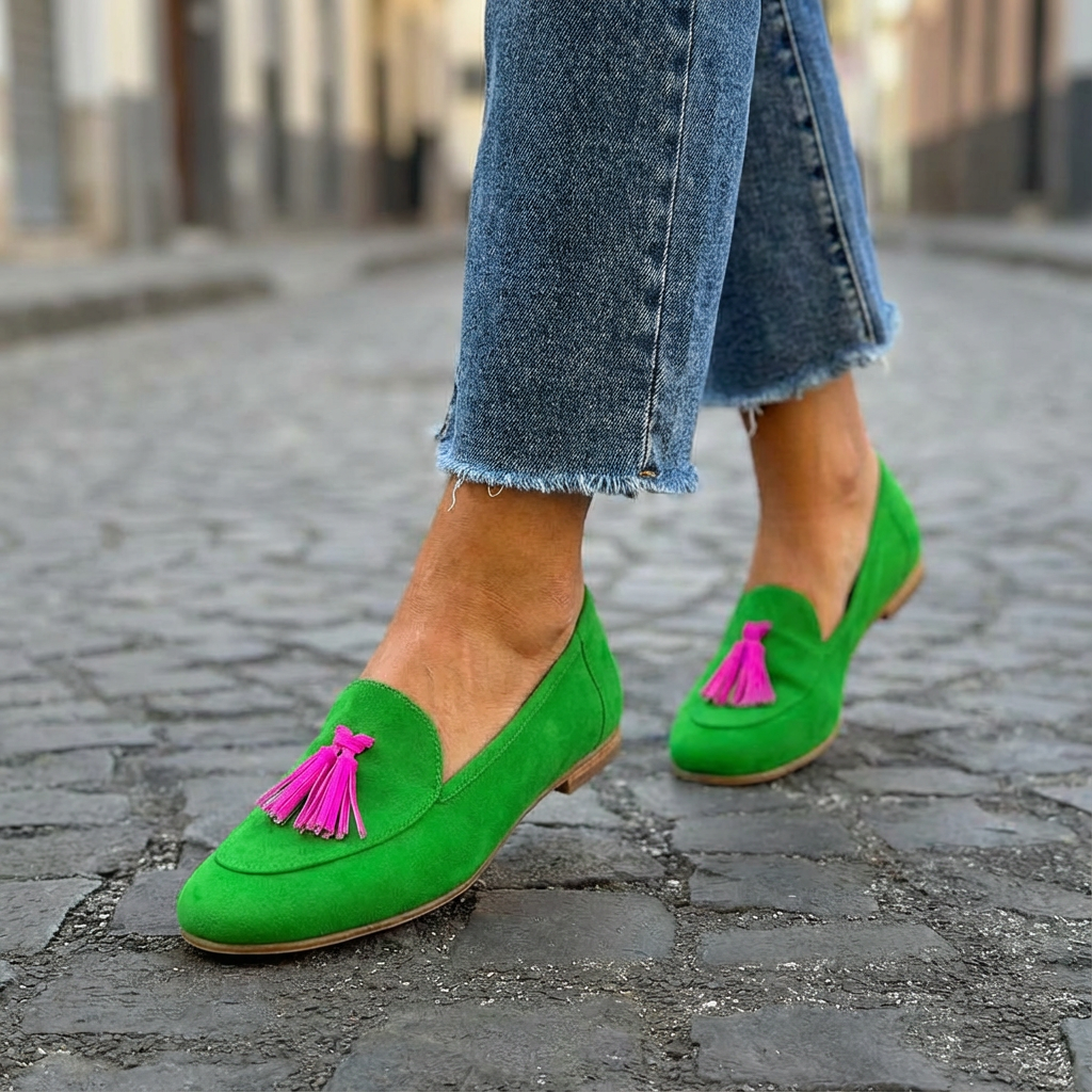 Antonia Green Loafers with Fuchsia Fringe