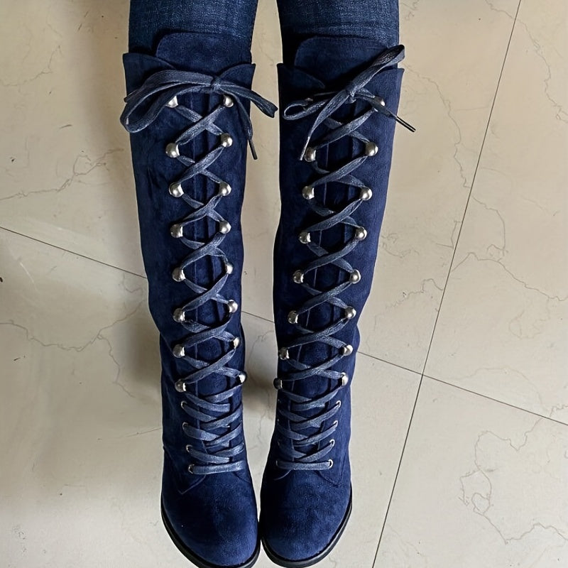 Tall Boots Women Lace Up Chunky Heel