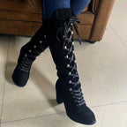 Tall Boots Women Lace Up Chunky Heel