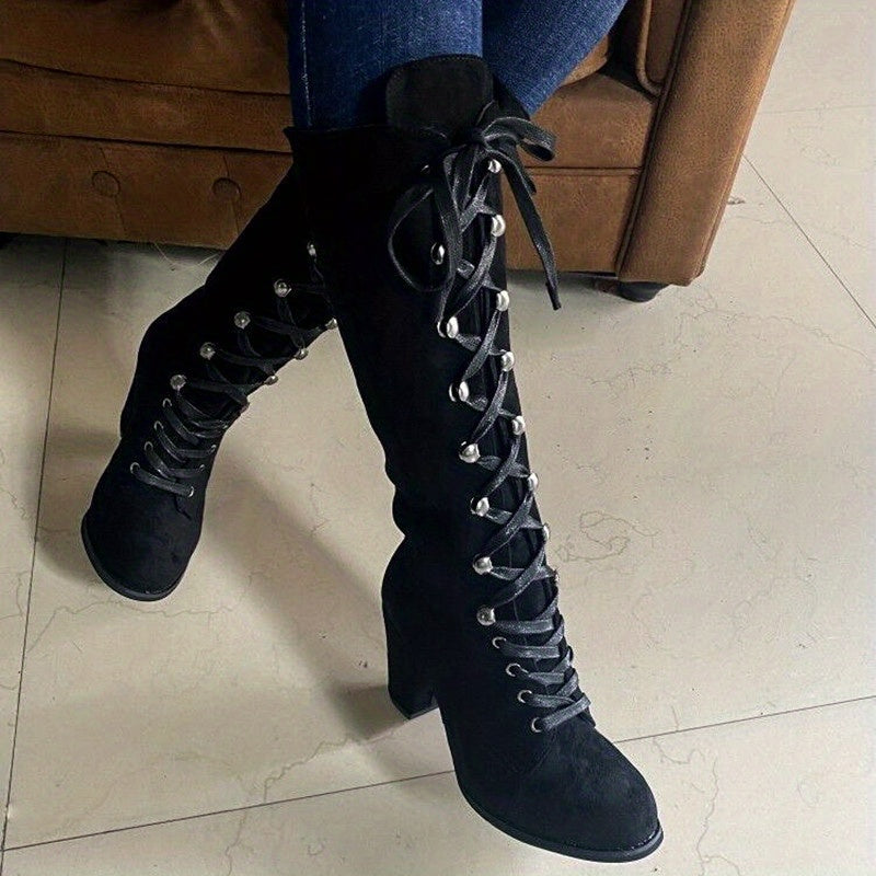 Tall Boots Women Lace Up Chunky Heel
