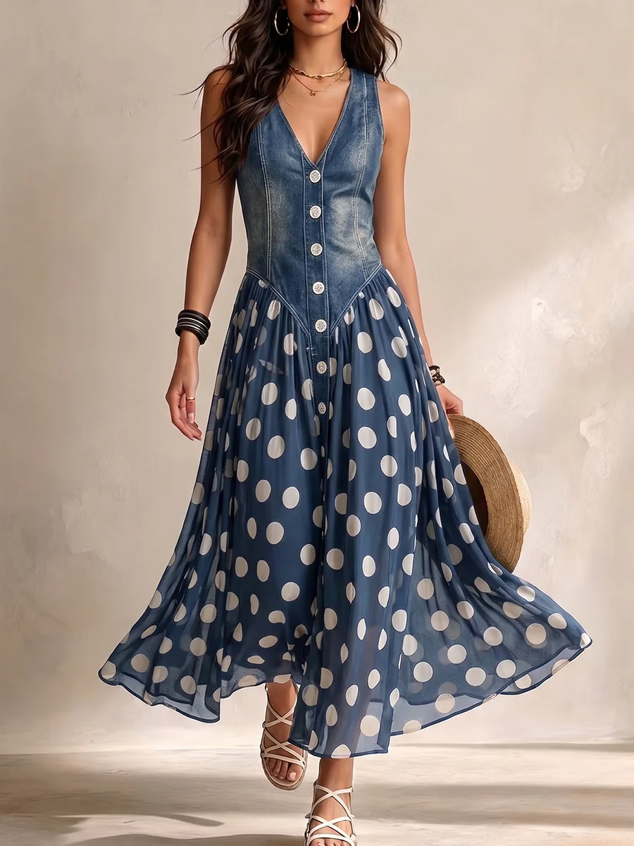 Adeline | Long Denim Dress with Polka Dots