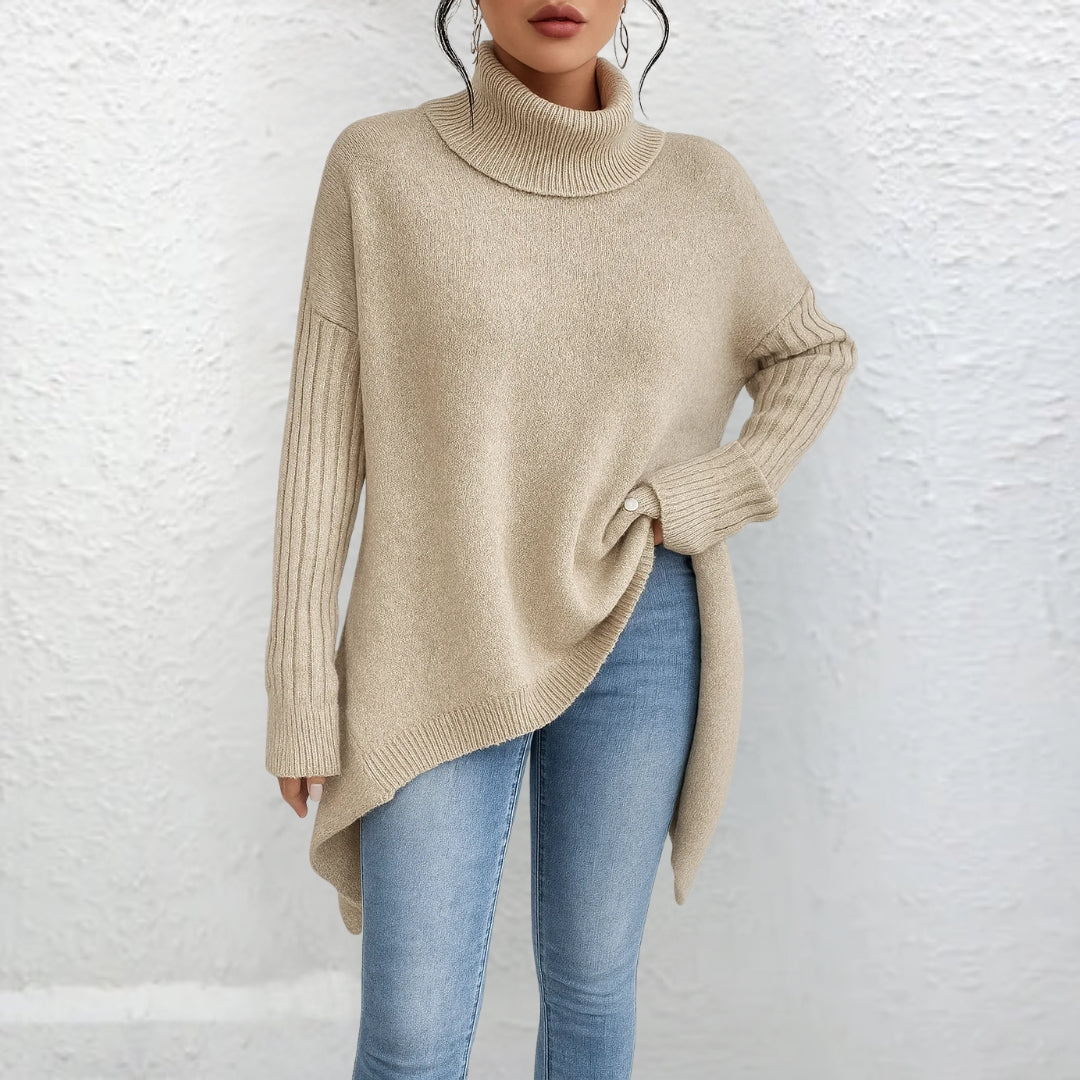 Women's Beige Turtleneck Sweater, Relaxed Fit