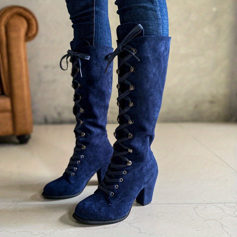 Tall Boots Women Lace Up Chunky Heel