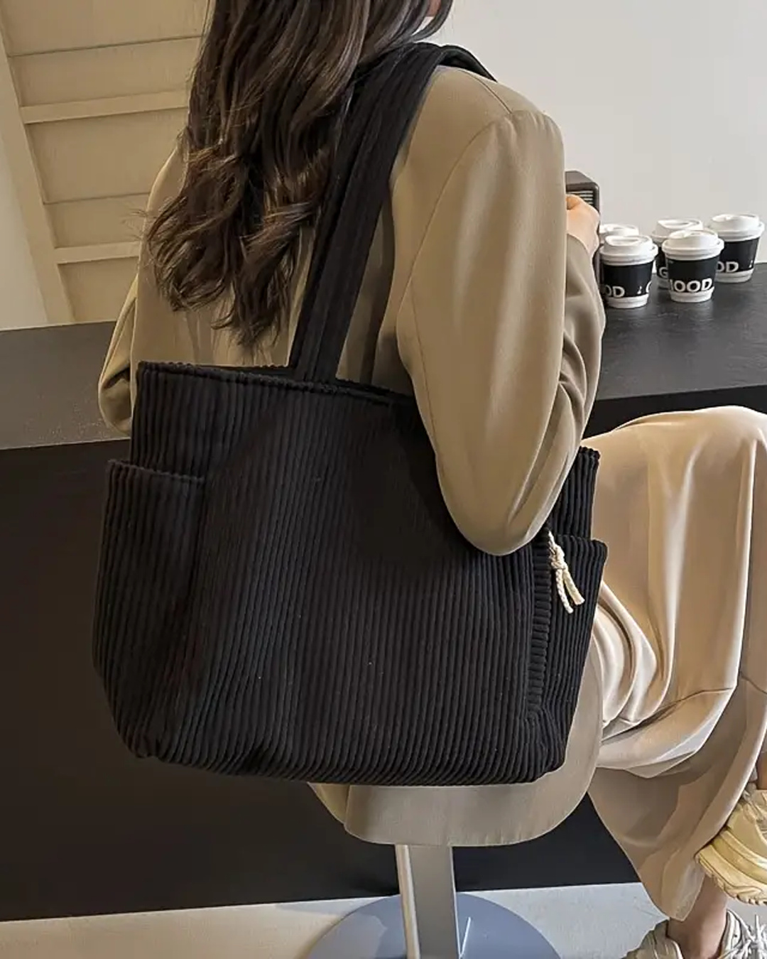 Tilda – Ribbed Tote Bag with Drawstring Detail