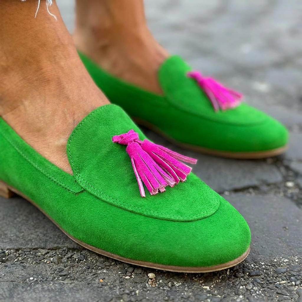 Antonia Green Loafers with Fuchsia Fringe