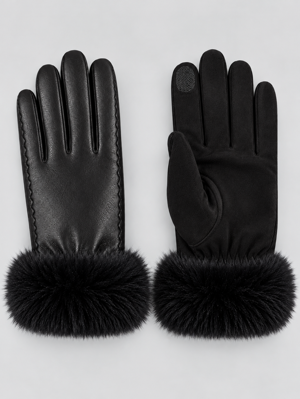 Touchscreen Gloves Women Faux Fur Trim in Black