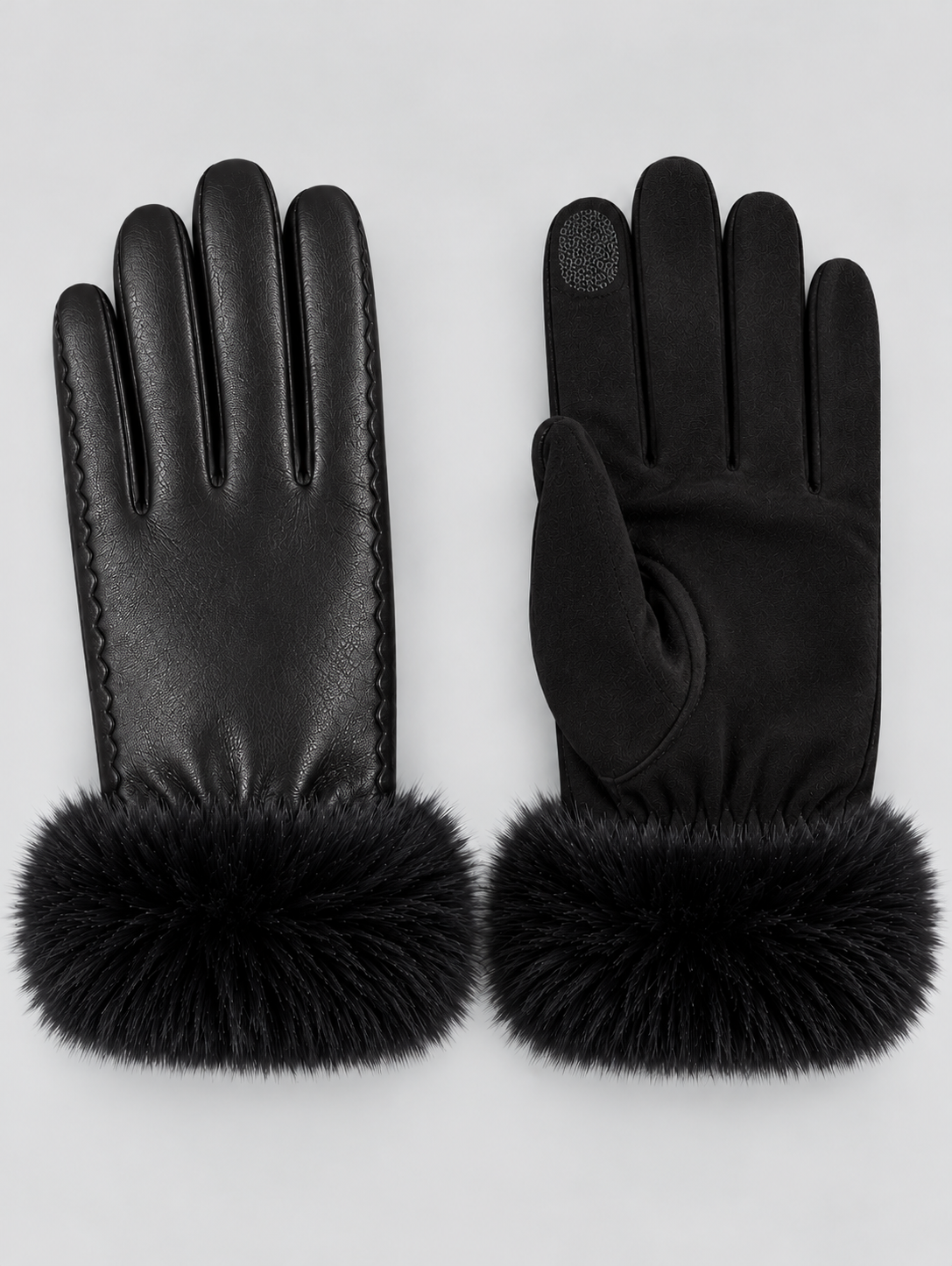 Touchscreen Gloves Women Faux Fur Trim in Black