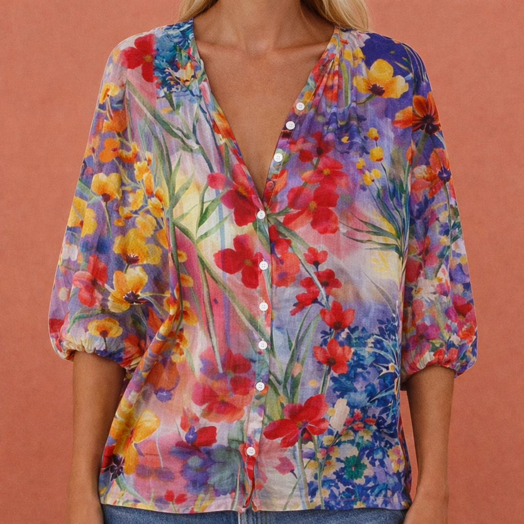 MIREYA | Women's Printed Blouse with V-Neck and Button Closure