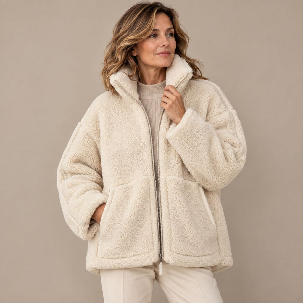 Celeste Luxe Teddy Coat – Oversized Shearling-Style with Stand Collar & Zipper