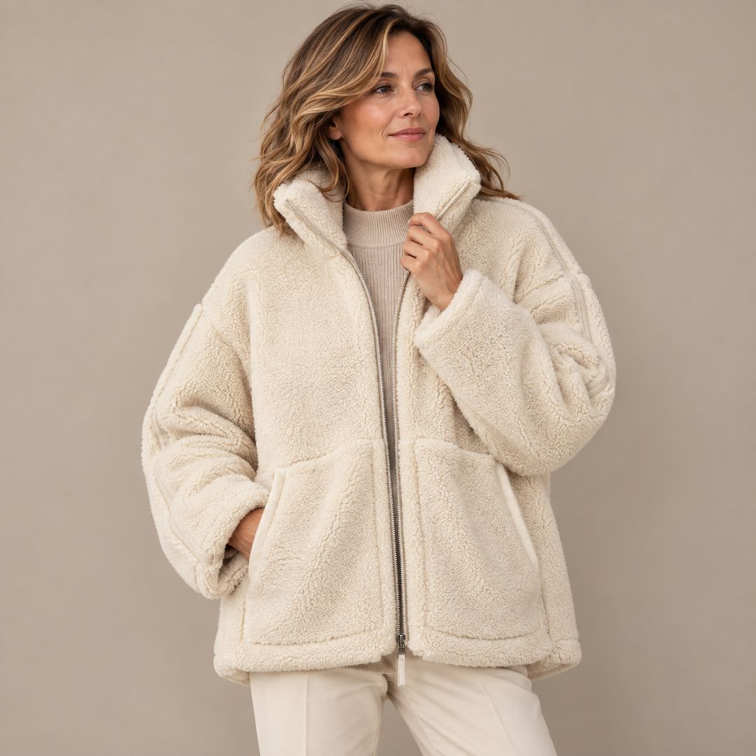 Celeste Luxe Teddy Coat – Oversized Shearling-Style with Stand Collar & Zipper