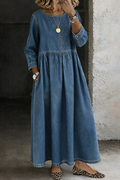 Women's Maxi Dress Long Sleeve Round Neck Pockets in Denim Blue