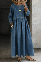 Women's Maxi Dress Long Sleeve Round Neck Pockets in Denim Blue