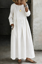 Women's Maxi Dress Long Sleeve Round Neck Pockets in White