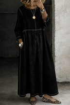 Women's Maxi Dress Long Sleeve Round Neck Pockets in Black