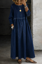 Women's Maxi Dress Long Sleeve Round Neck Pockets in Navy