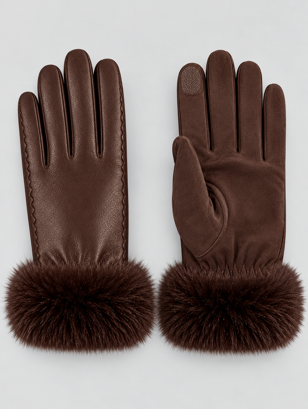 Touchscreen Gloves Women Faux Fur Trim in Brown