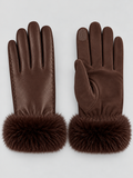 Touchscreen Gloves Women Faux Fur Trim in Brown