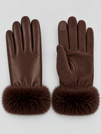 Touchscreen Gloves Women Faux Fur Trim in Brown