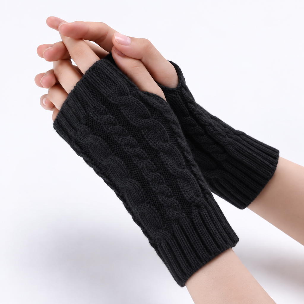 Fingerless Gloves Women Chunky Cable Knit Ribbed Cuff in Black