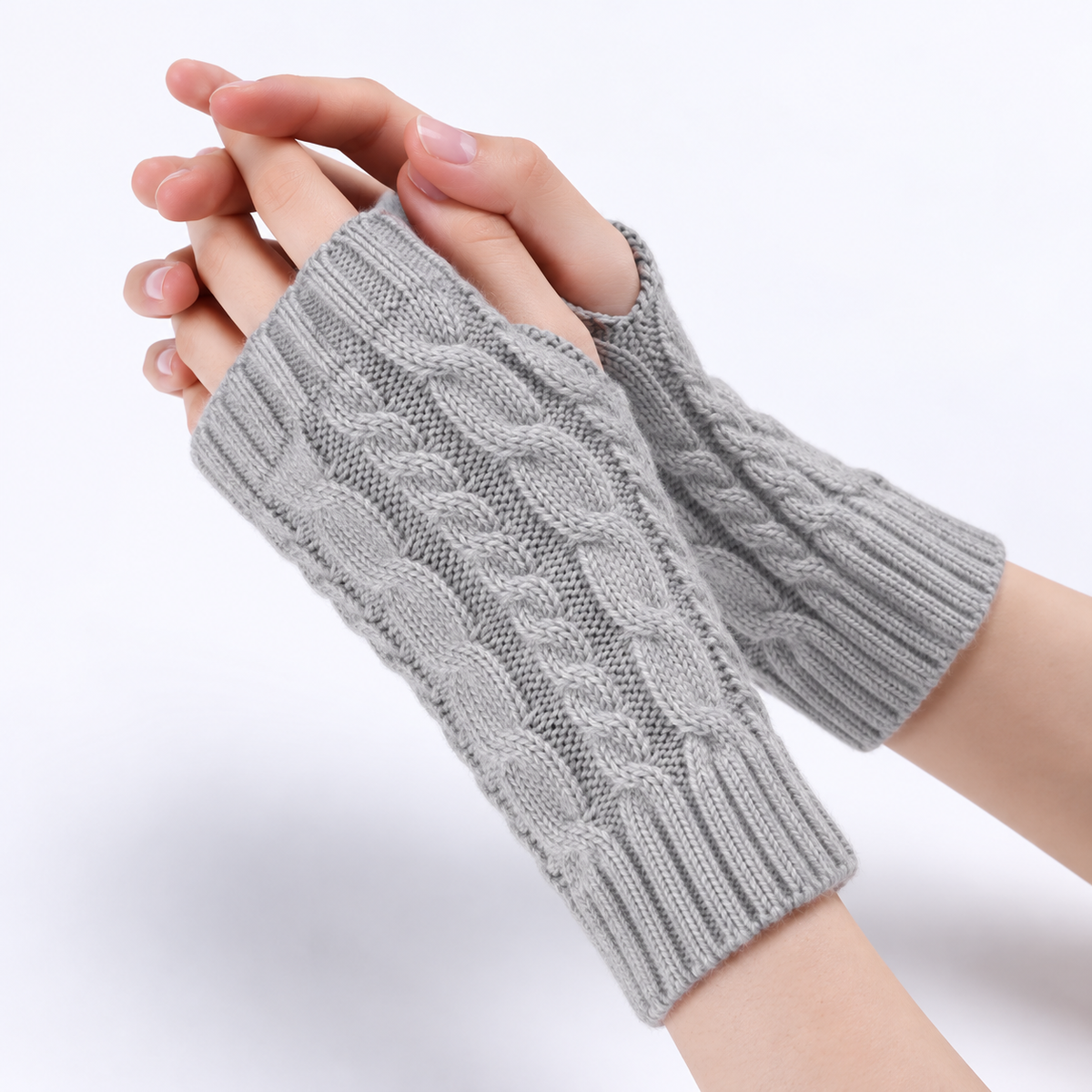 Fingerless Gloves Women Chunky Cable Knit Ribbed Cuff in Light Grey