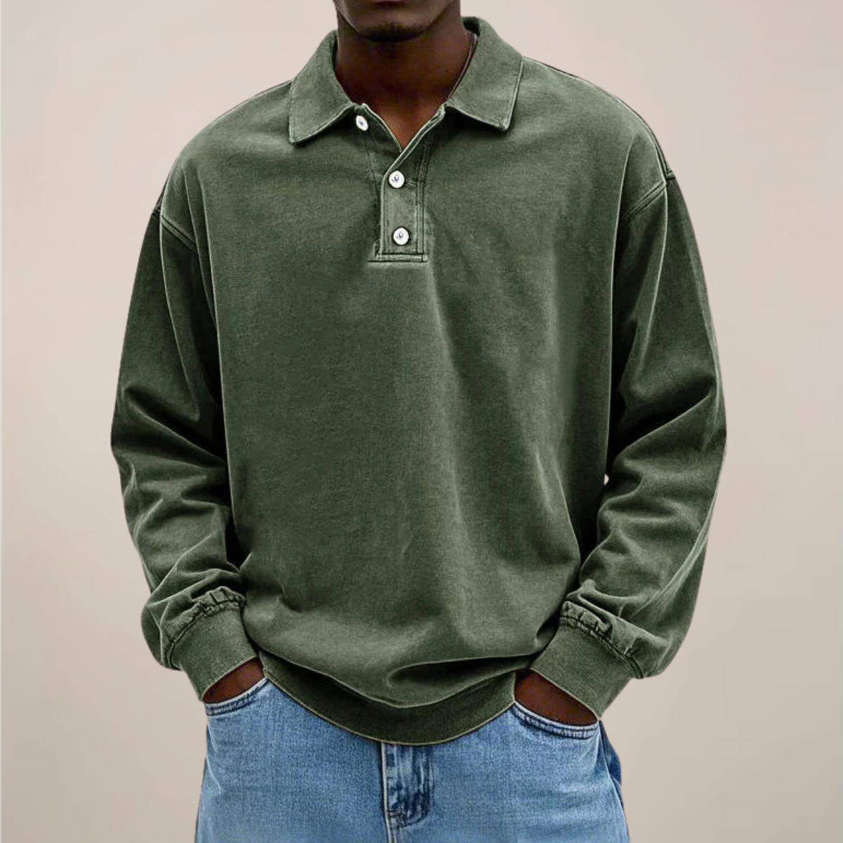 Long Sleeve Polo Men Button Placket Relaxed Fit