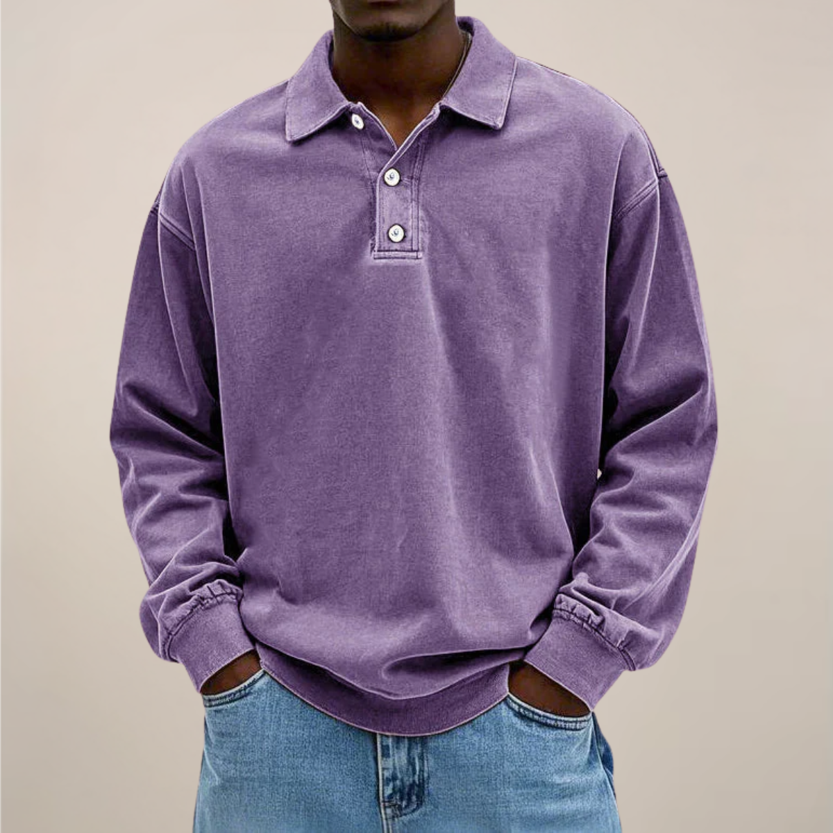Long Sleeve Polo Men Button Placket Relaxed Fit