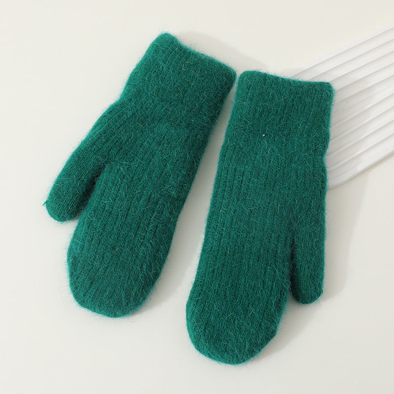 Winter Mittens Women Fluffy Knit Ribbed Cuff in Green