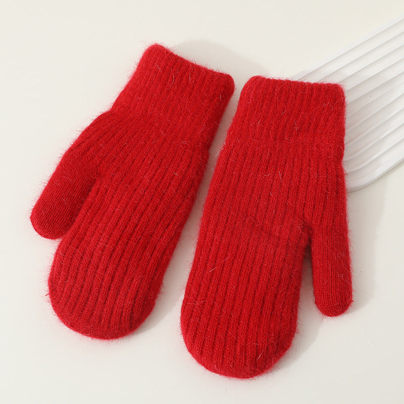 Winter Mittens Women Fluffy Knit Ribbed Cuff in Red