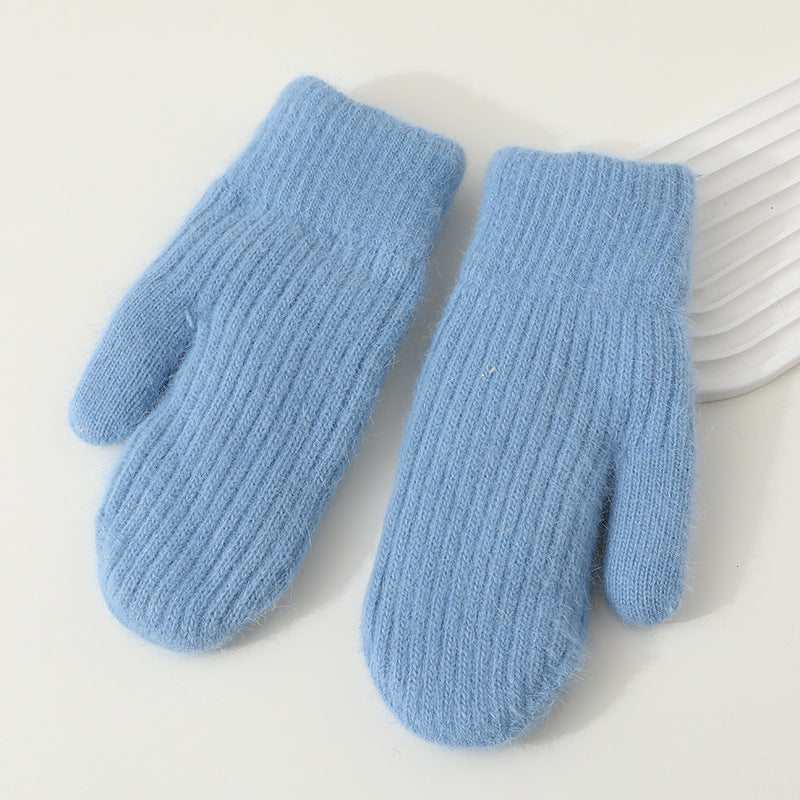 Winter Mittens Women Fluffy Knit Ribbed Cuff in Blue
