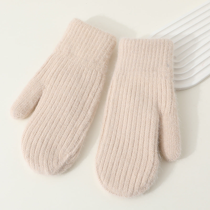 Winter Mittens Women Fluffy Knit Ribbed Cuff in Beige