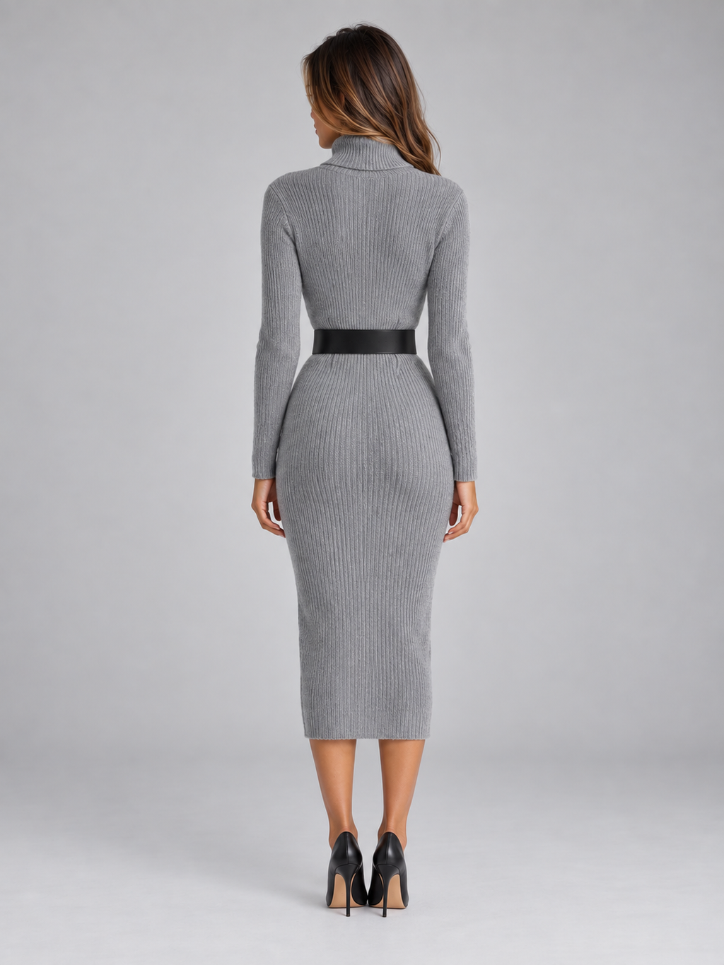 Turtleneck Sweater Dress Women Fitted Belted