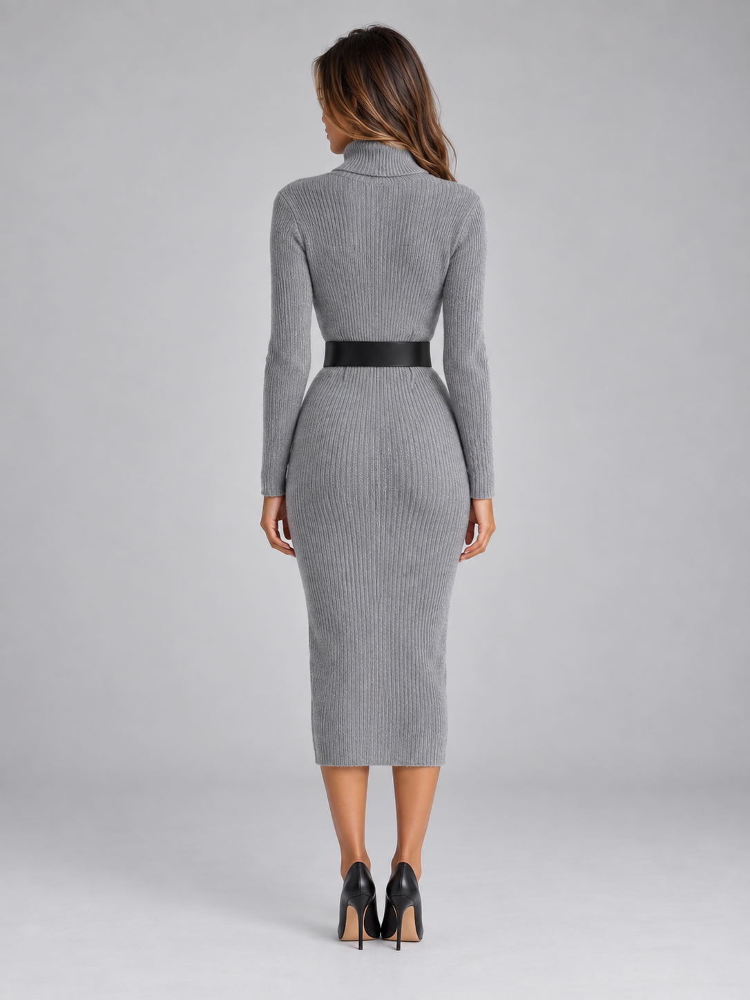 Turtleneck Sweater Dress Women Fitted Belted
